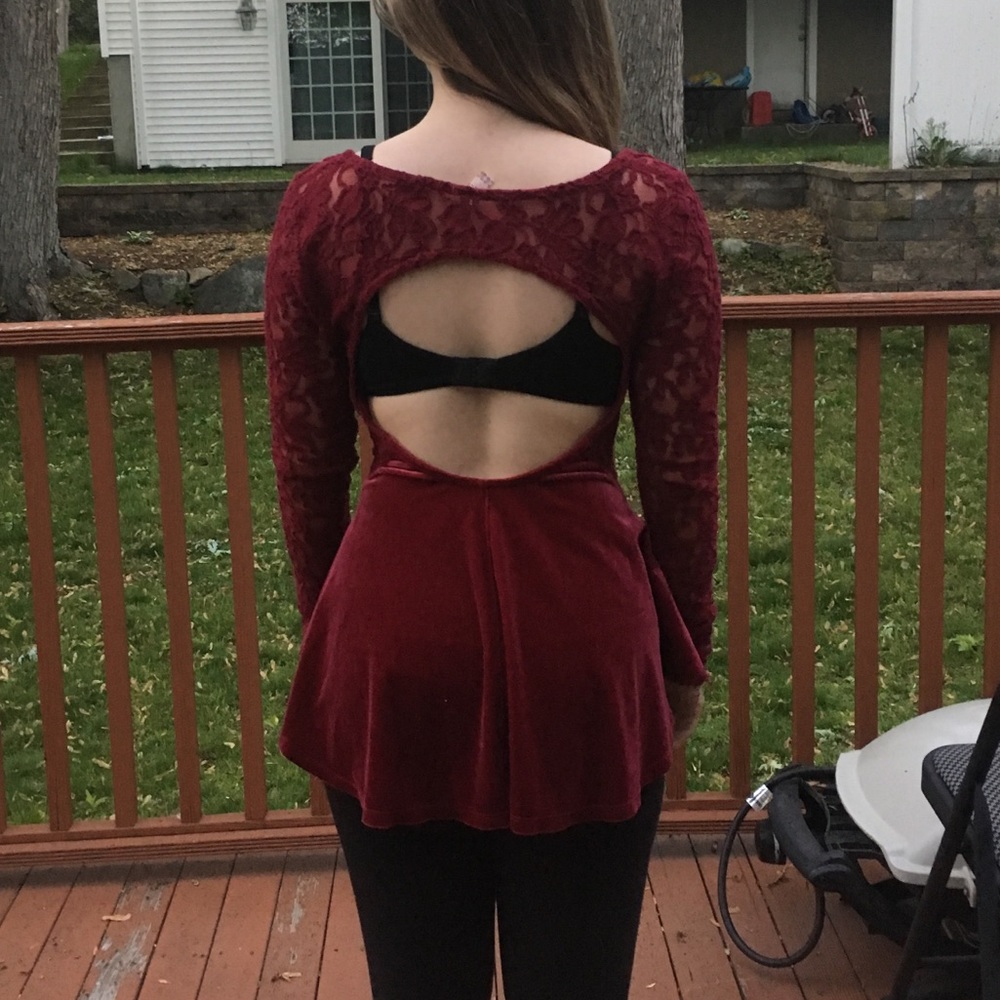 Free People Maroon Velvet Lace Ice Skater Top - Picture 2 of 2
